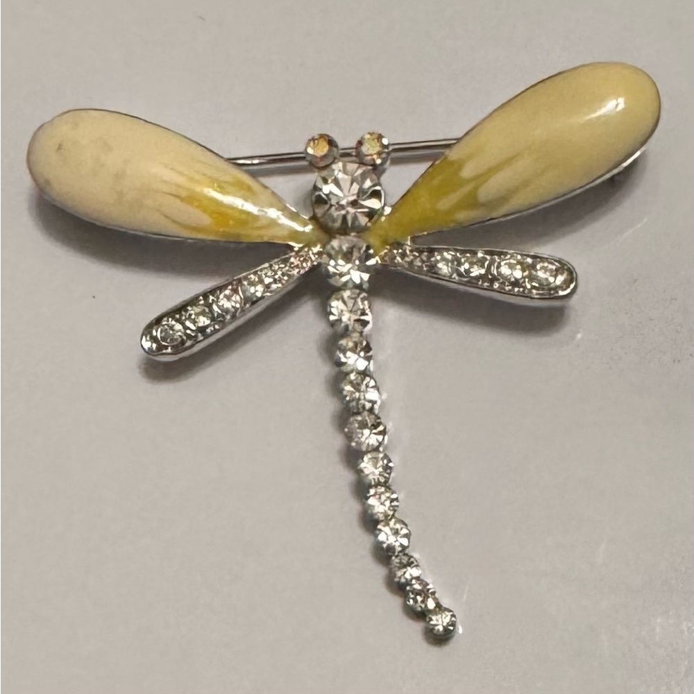 Vintage Yellow and Silver Rhinestone Dragonfly Brooch
